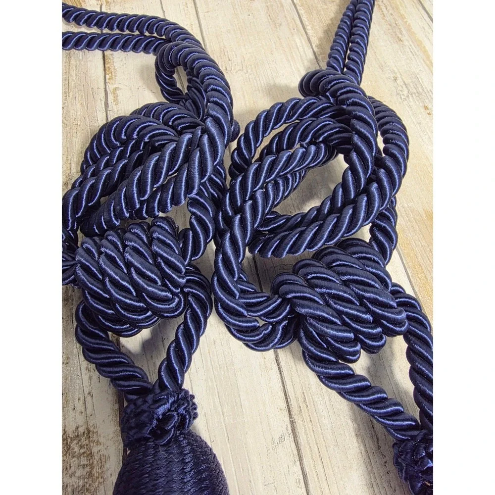 Navy Blue Braided Rope Curtain Tiebacks Pair with Large Tassels and Knots